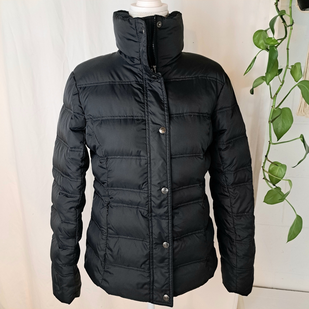 Lands End Quilted Goose Down Nylon Black Puffer Jacket Sz XS/S 2/4